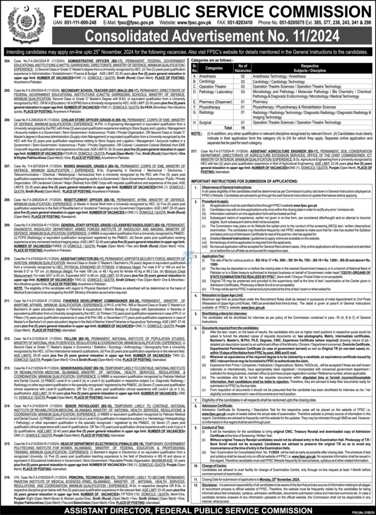 FPSC Jobs November 2024 Consolidated Advertisement No 11