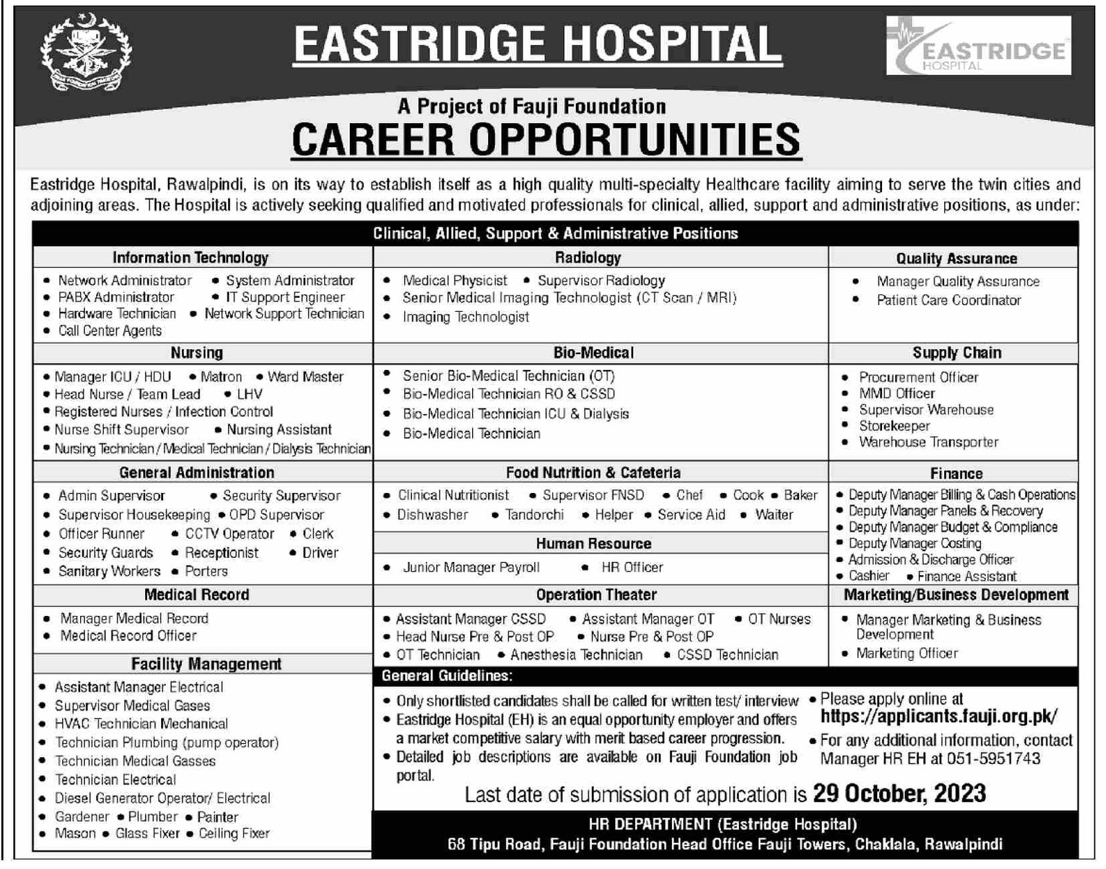 Eastridge Hospital Rawalpindi Jobs 2023