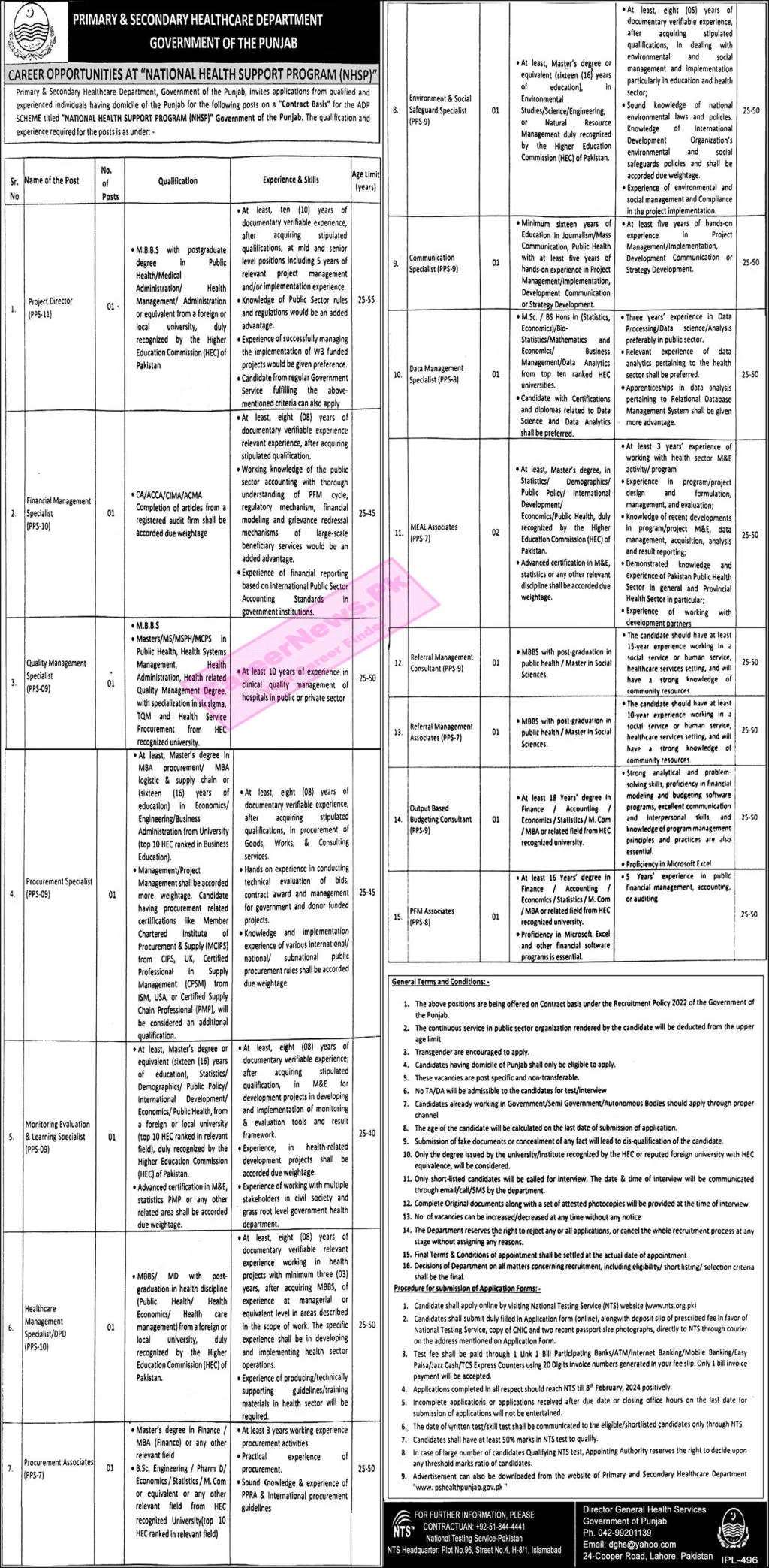 Health Department Punjab Jobs 2024 NTS Online Apply Form