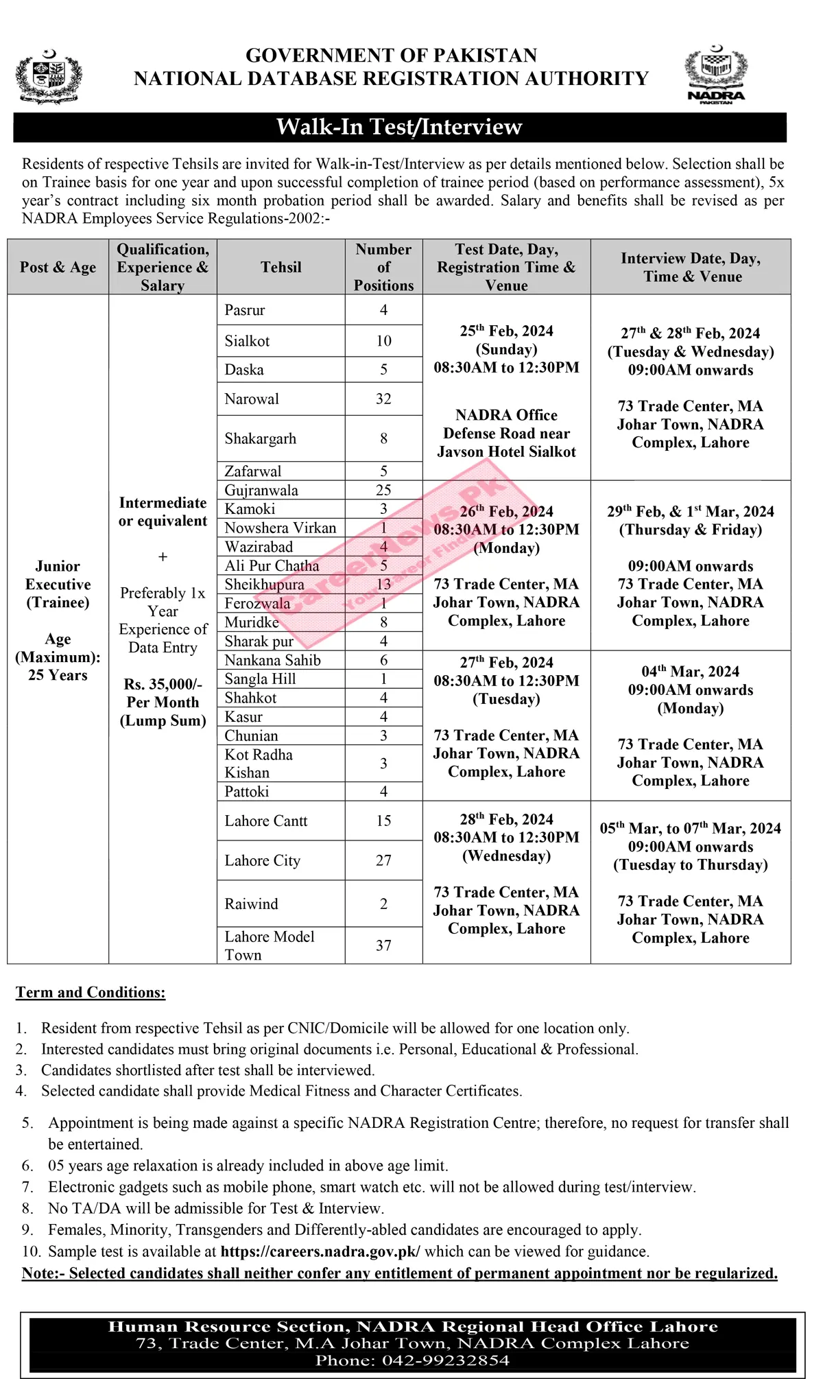NADRA Regional Head Office Lahore Jobs 2024 Recruitment