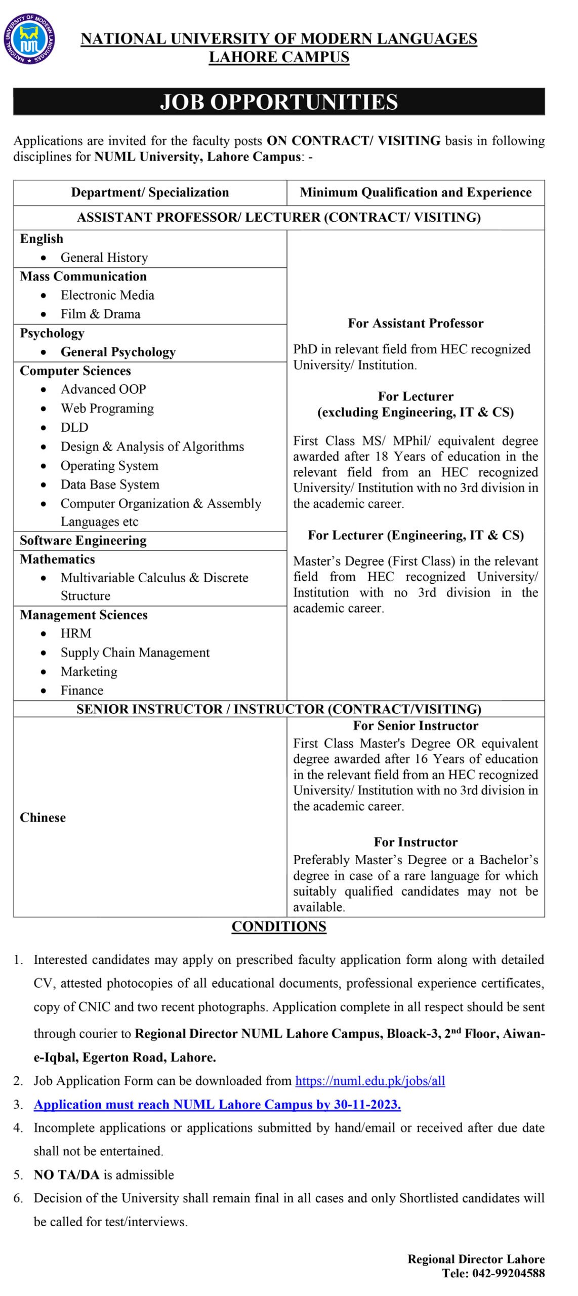 NUML Lahore Jobs 2023