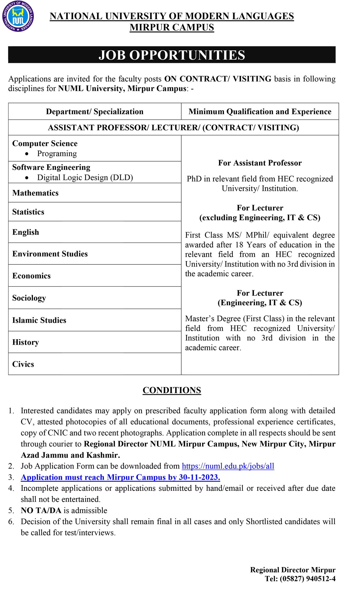 NUML Mirpur Campus Jobs 2023