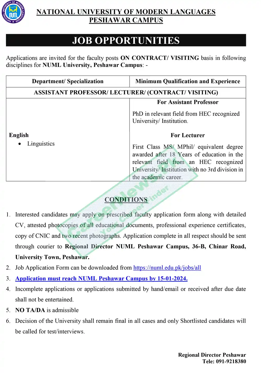 NUML Peshawar Jobs 2024 - Download Advertisement & Form