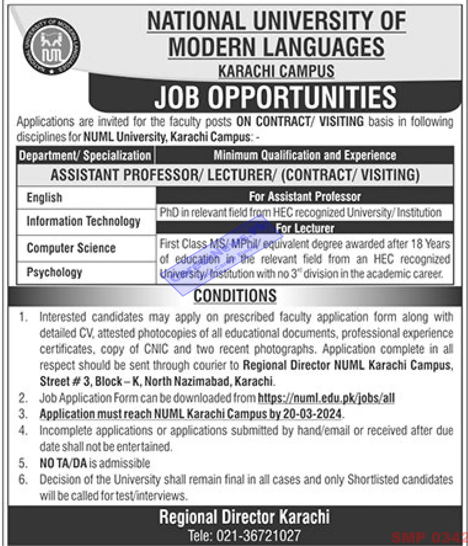 NUML University Karachi Campus Jobs 2024 Faculty Recruitment