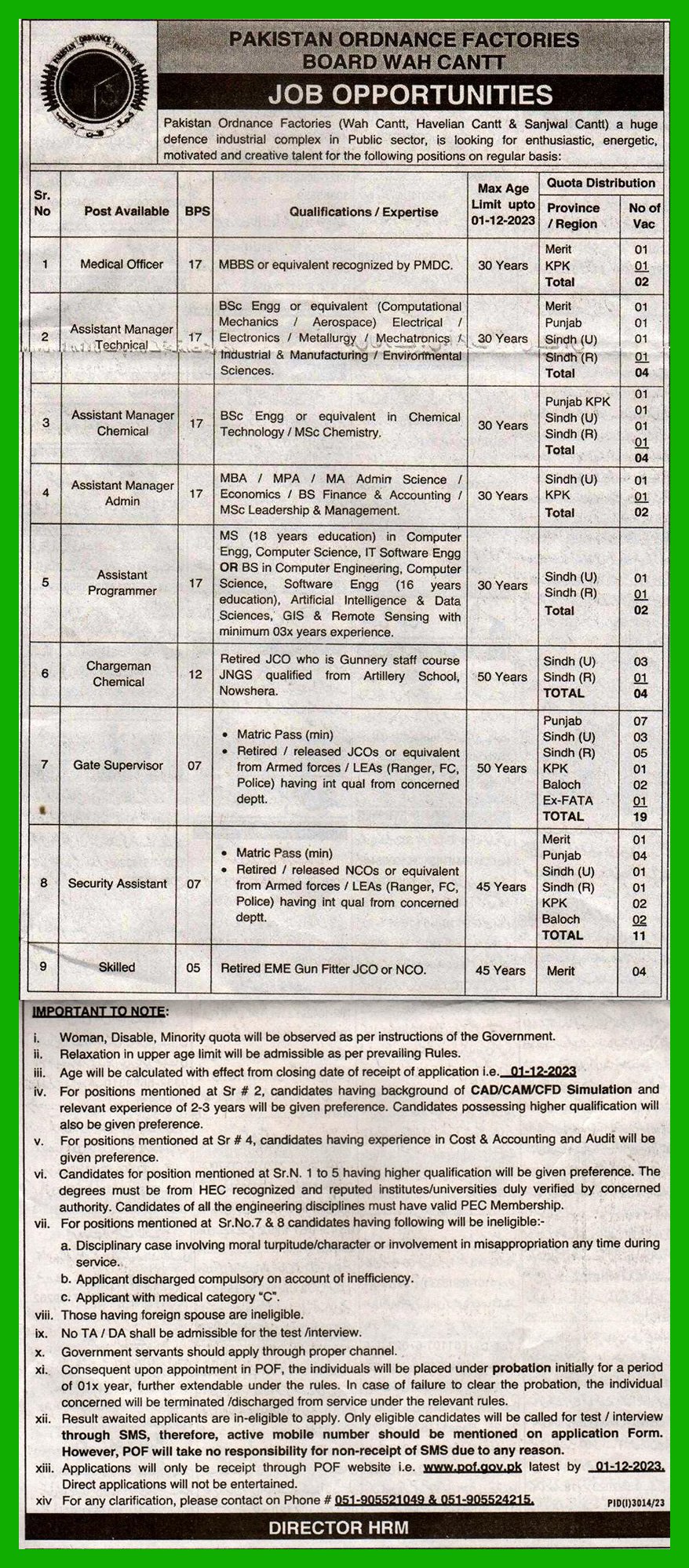 Pakistan Ordnance Factories POF Jobs 2023