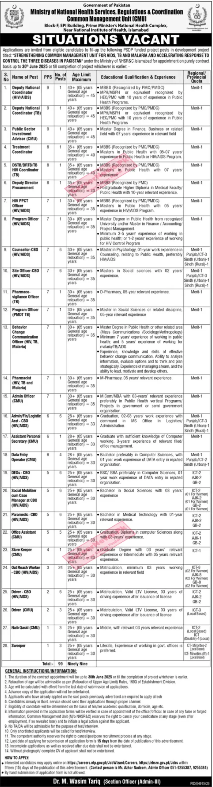 Current Ministry of National Health Services Jobs 2024 Online Apply