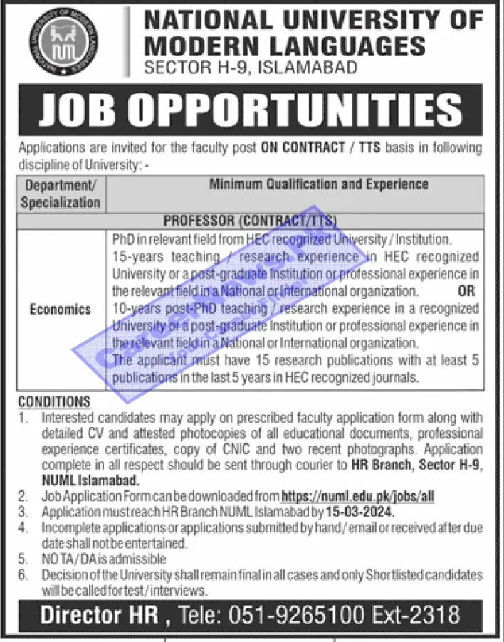 NUML Islamabad Jobs 2024 - Download Employment Form