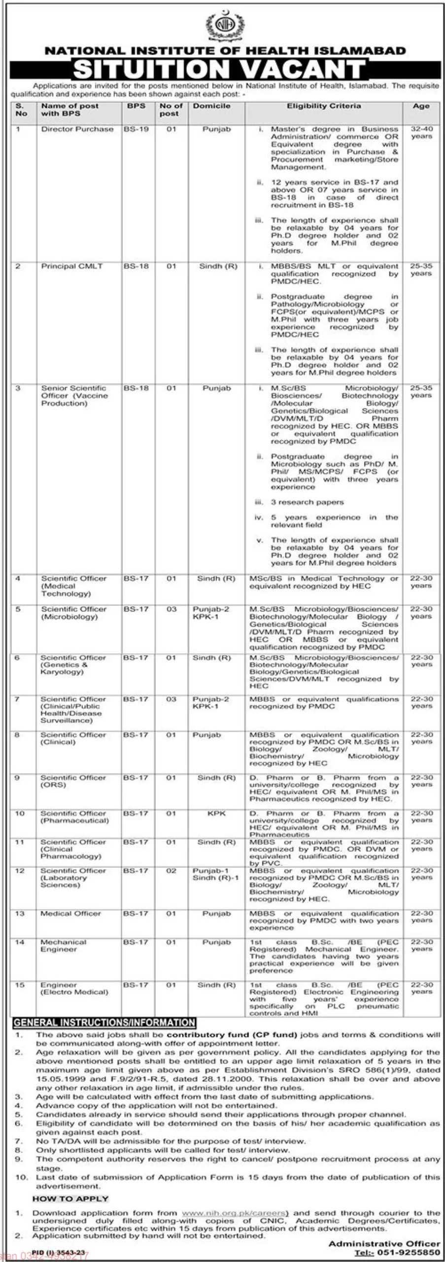 National Institute of Health NIH Islamabad Jobs 2023 