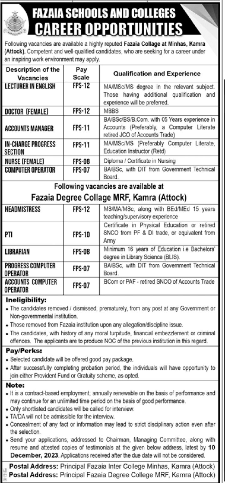 PAF Fazaia Schools and Colleges Jobs 2023