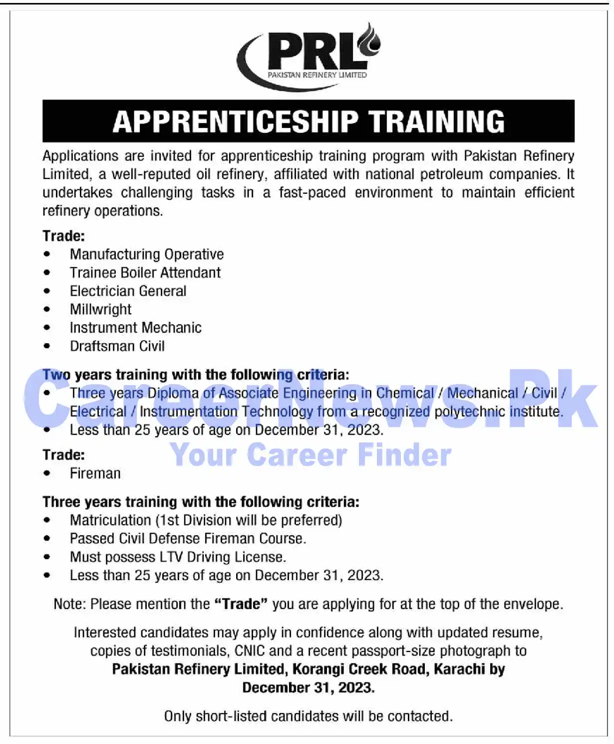 Pakistan Refinery Limited PRL Apprenticeships 2024
