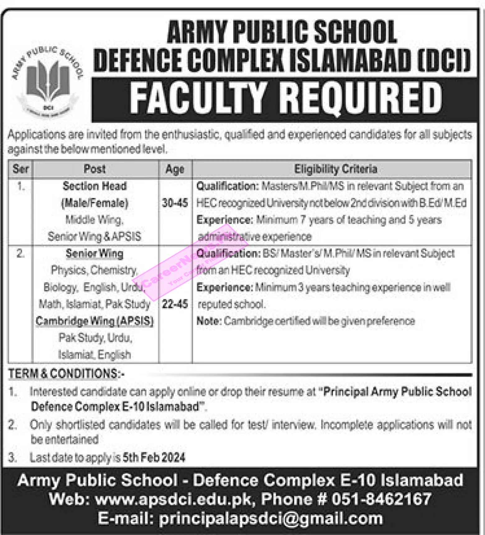 Army Public School APS Islamabad Jobs 2024