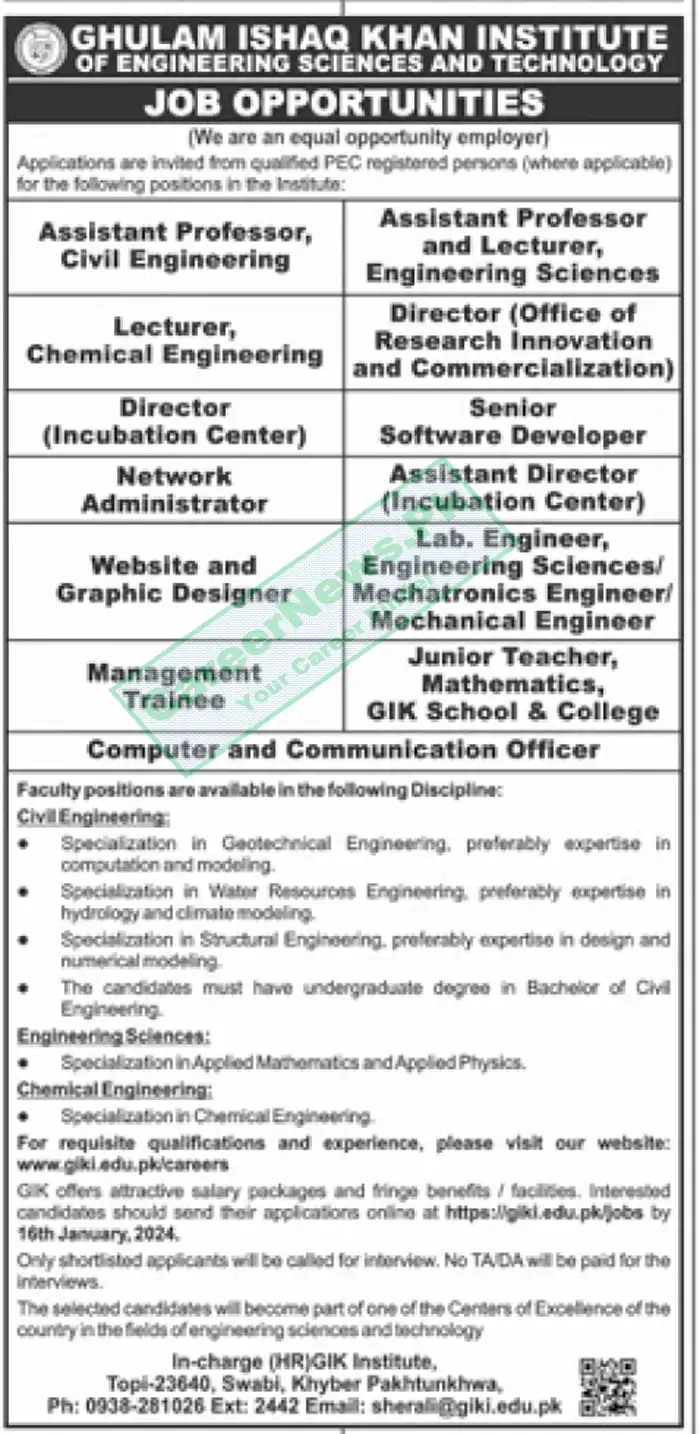 GIK Institute of Engineering Sciences and Technology Jobs 2024