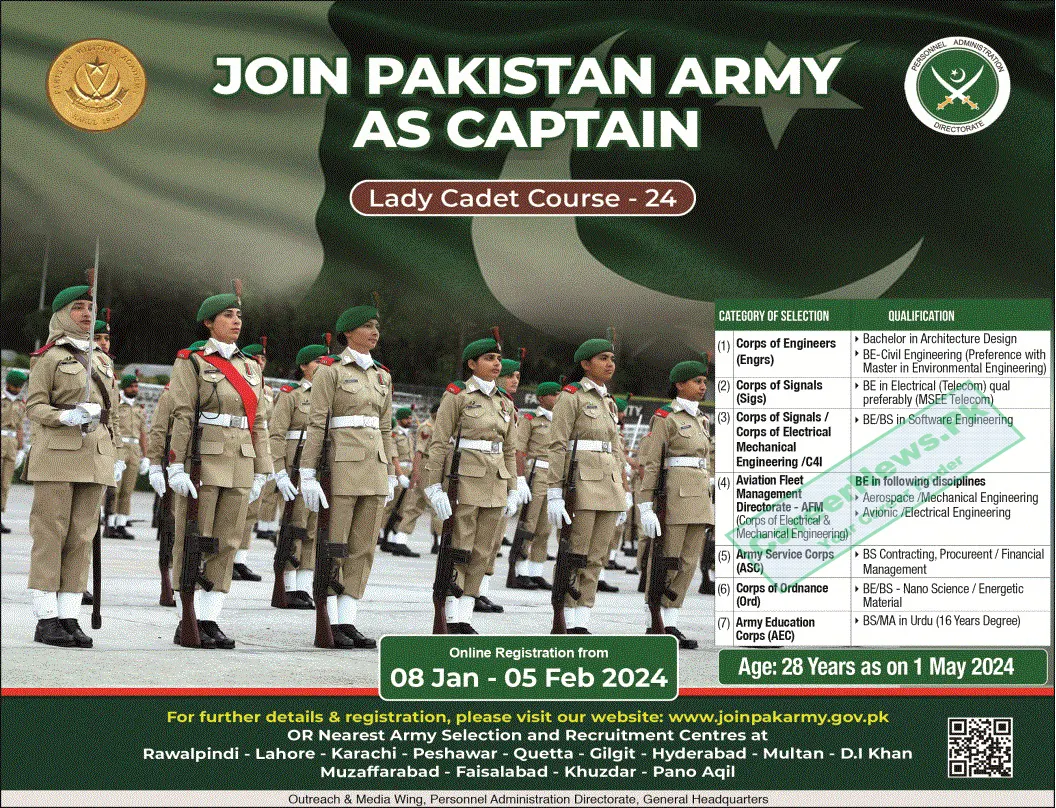 Join Pak Army Lady Captain Jobs 2024 Online Registration Date