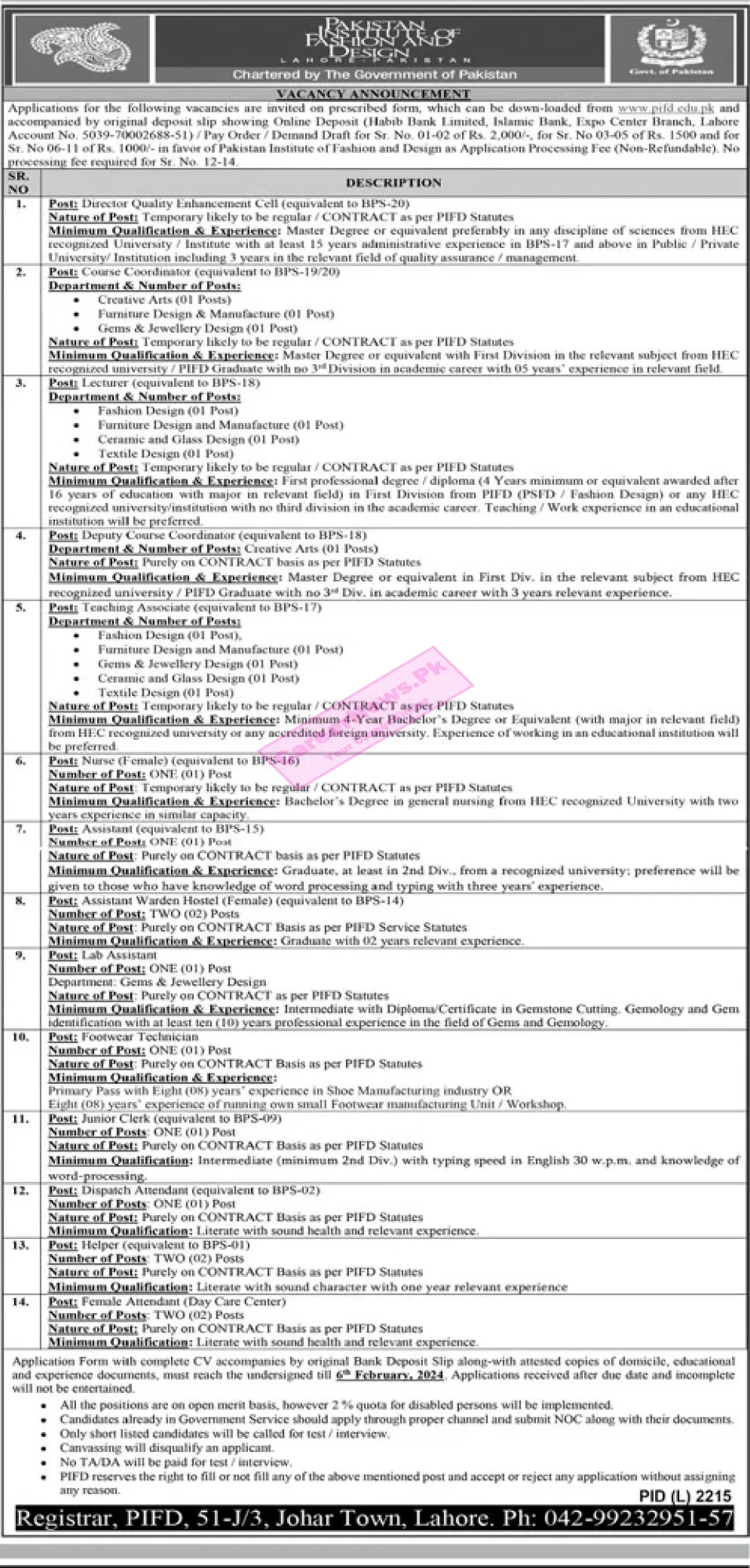 Pakistan Institute of Fashion and Design PIFD Jobs 2024