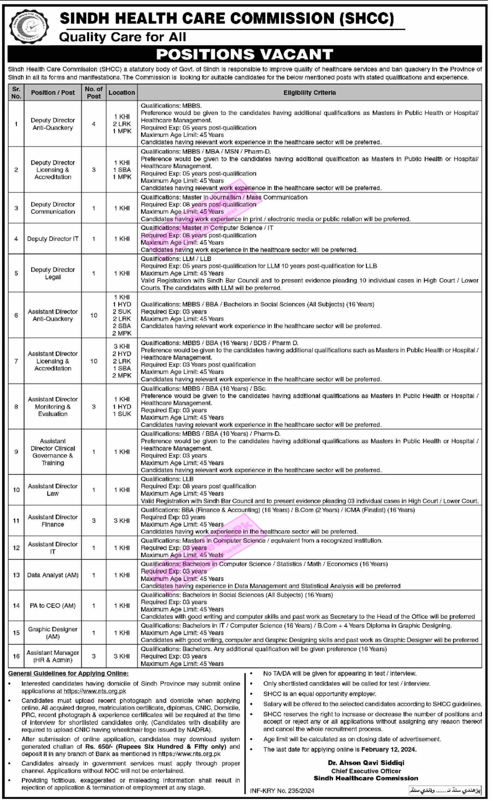 Sindh Health Care Commission SHCC Jobs 2024