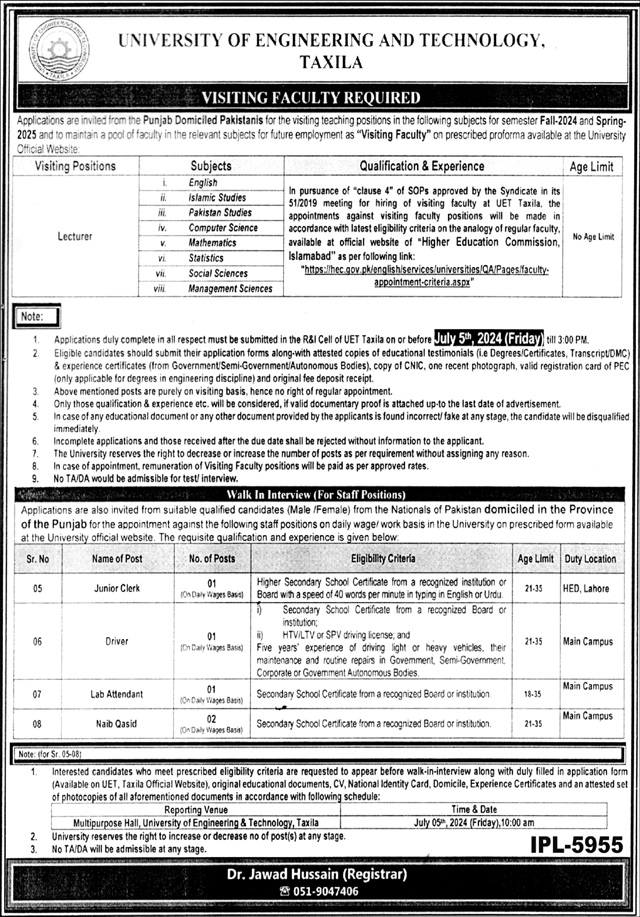 UET Taxila Jobs 2024 Online Apply Form at www.uettaxila.edu.pk