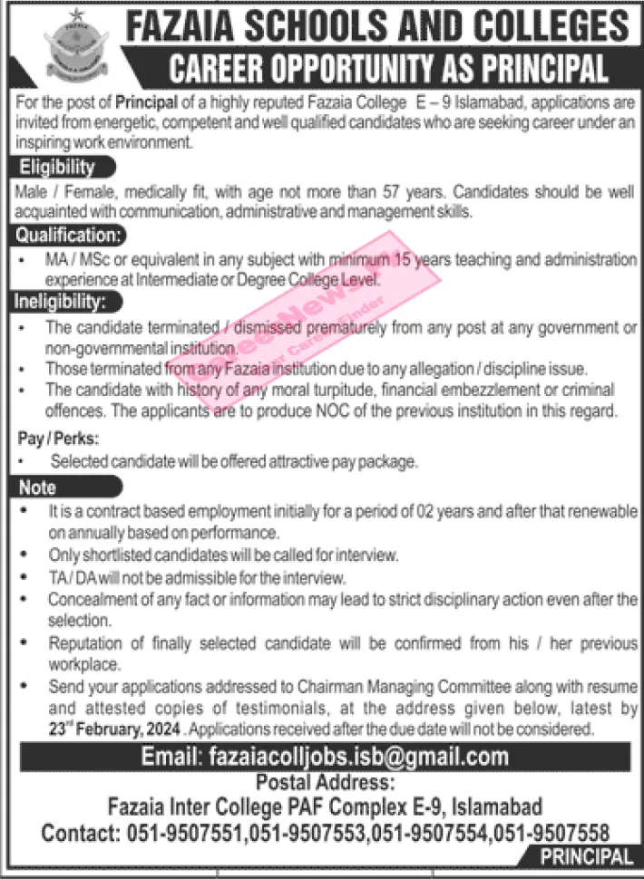 Fazaia Inter College Islamabad Jobs 2024