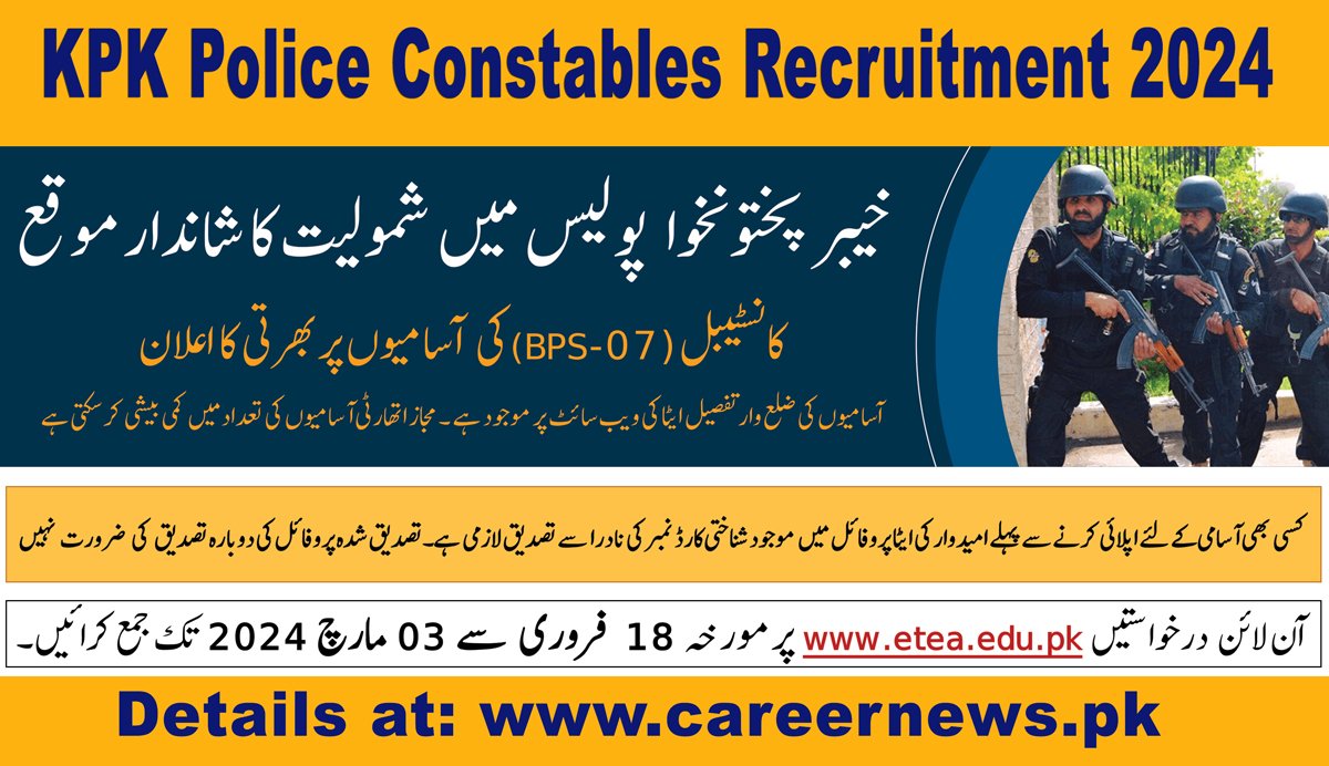 KPK Police announces Constables Recruitment for 2024