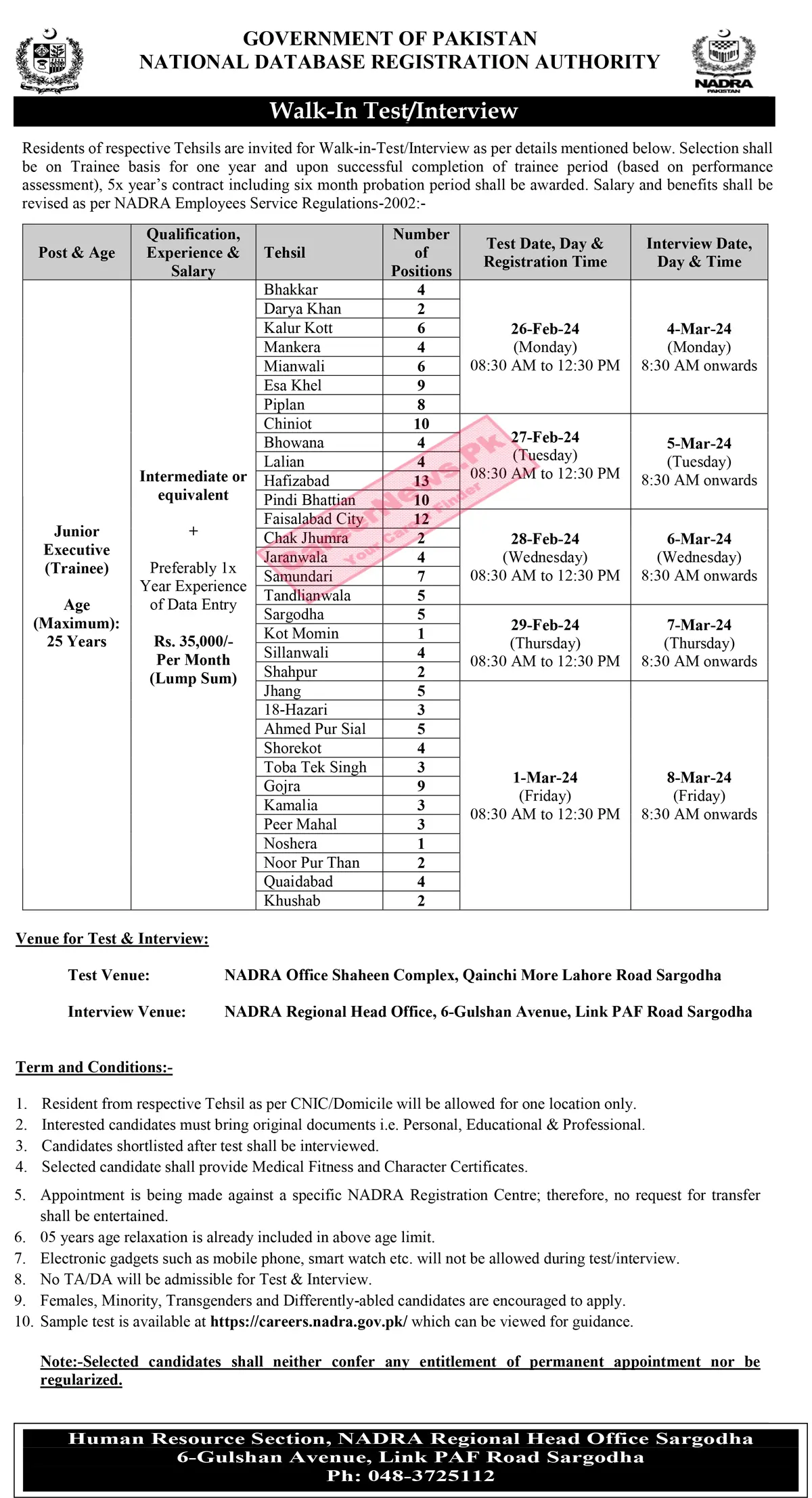 NADRA Sargodha Jobs 2024 - Details of Interview Schedule