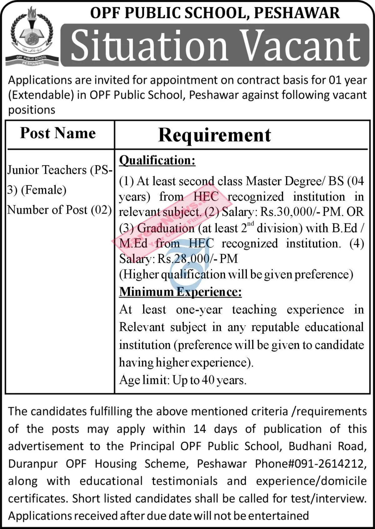 OPF Public School Peshawar Jobs 2024