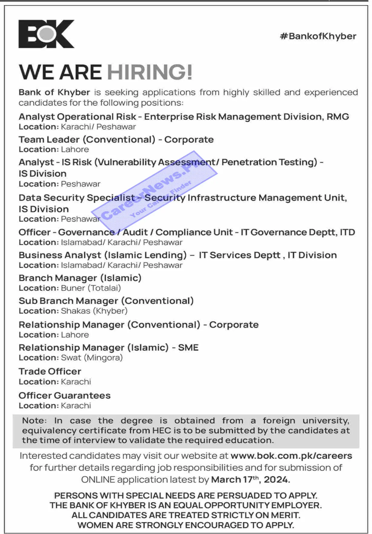 Online Apply for Bank of Khyber BOK Jobs 2024 