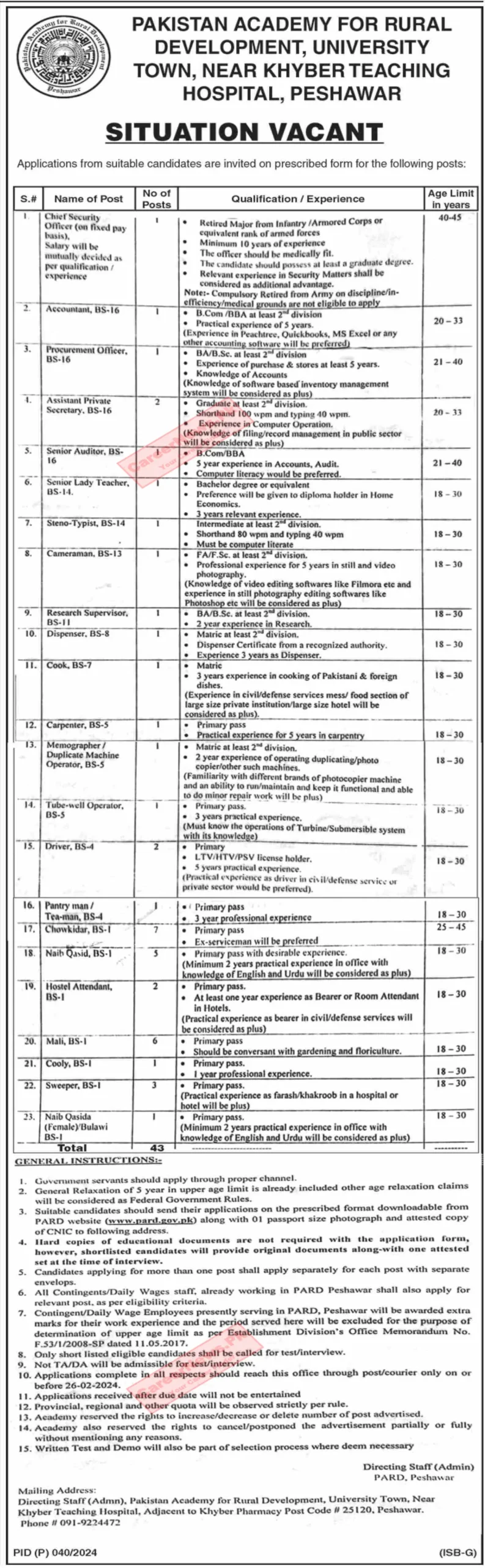 Pakistan Academy for Rural Development PARD Jobs 2024