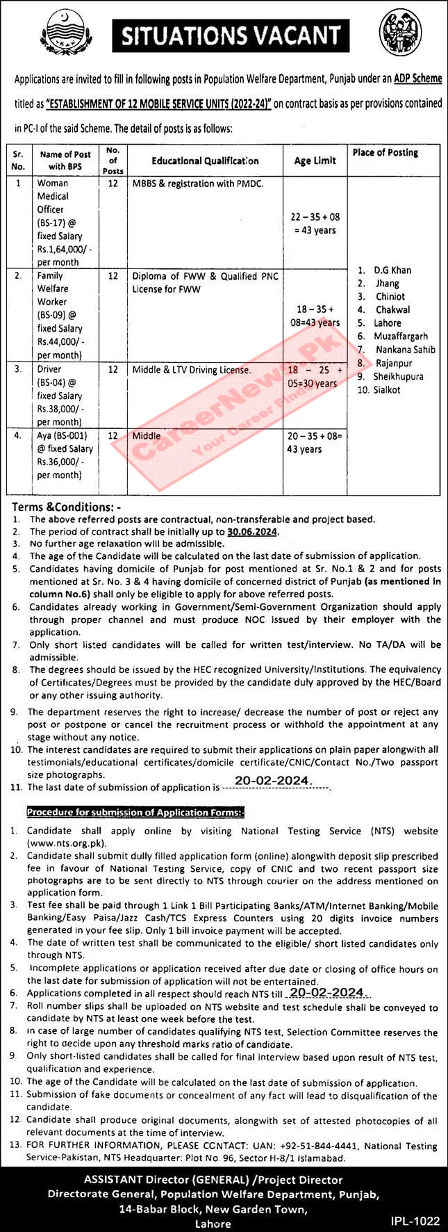 Population Welfare Department Punjab Jobs 2024 NTS Online Apply