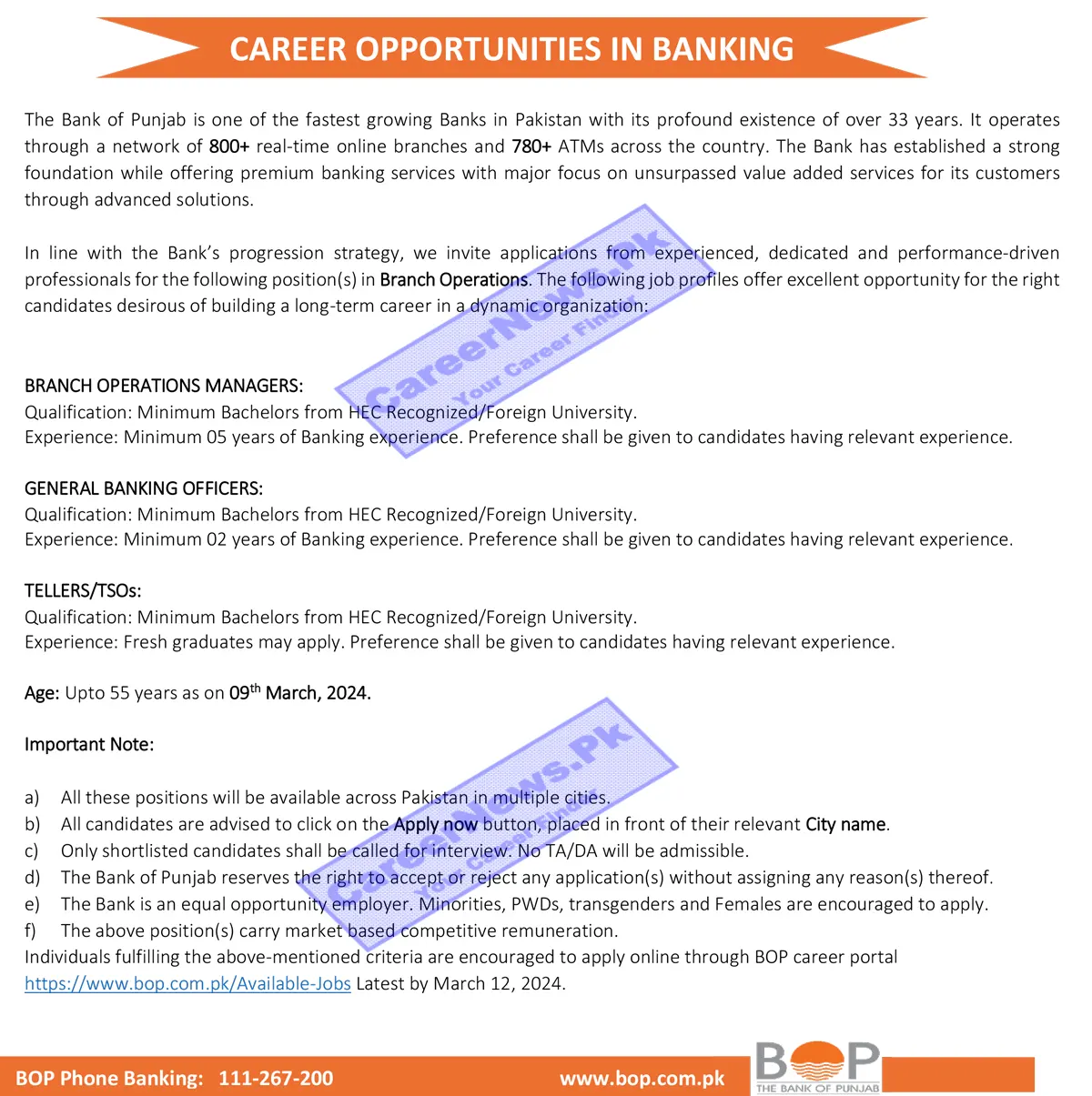 Punjab Bank Tellers and General Banking Officers Jobs 2024