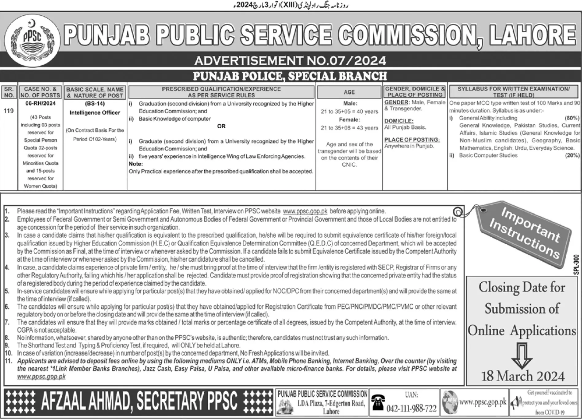 Special Branch of Punjab Police Vacancies