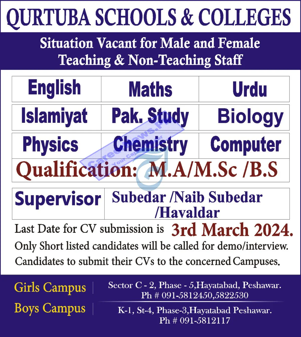 Qurtuba Schools and Colleges Peshawar Jobs 2024