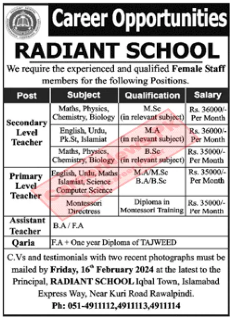 Radiant School Rawalpindi Jobs 2024