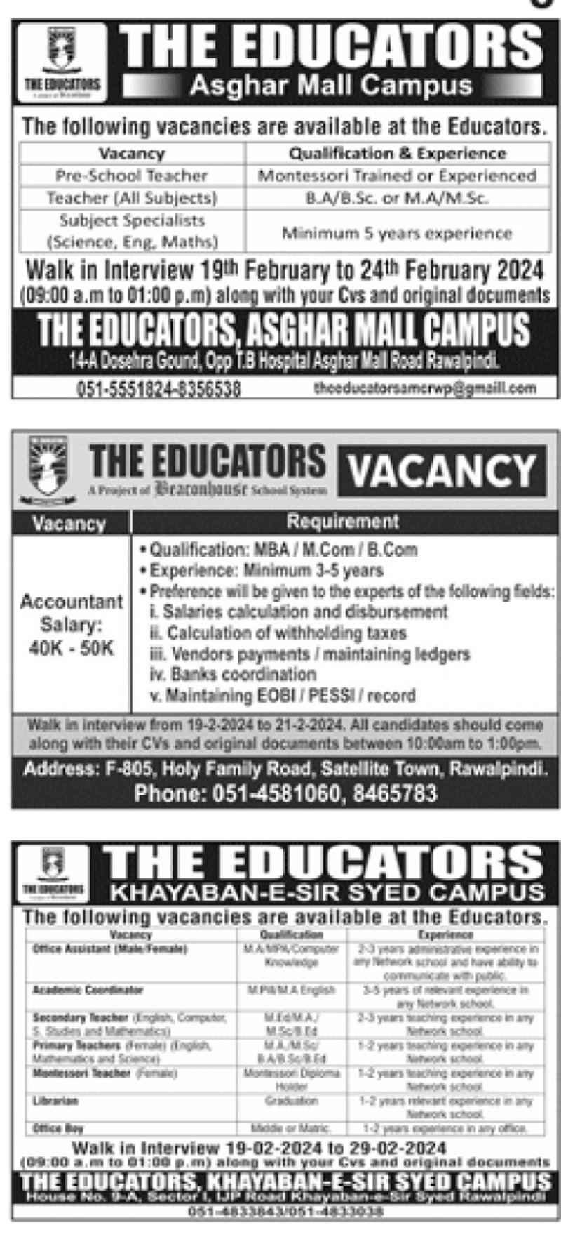 Teacher Jobs in Rawalpindi Schools and Colleges