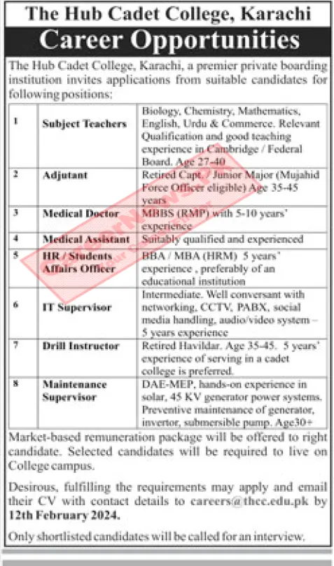 The Hub Cadet College Karachi Jobs 2024 