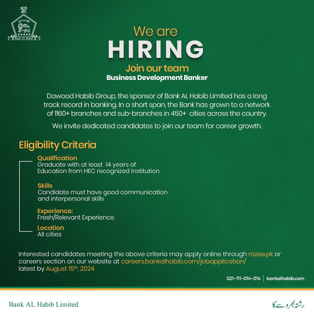 Bank Al Habib Jobs 2024   Online Apply at www.bankalhabib.com