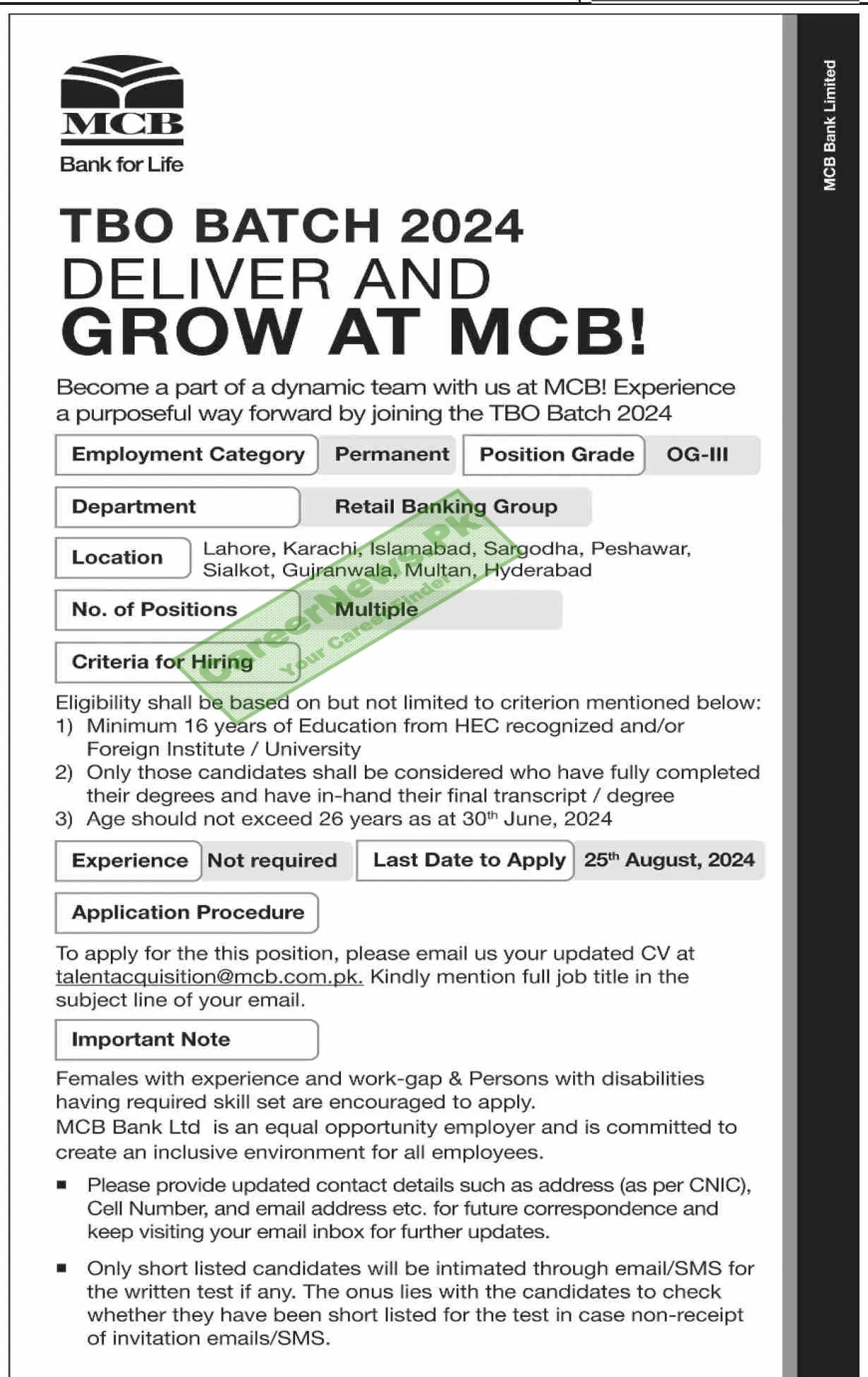 MCB Bank Jobs 2024 August Appointment of TBO Batch