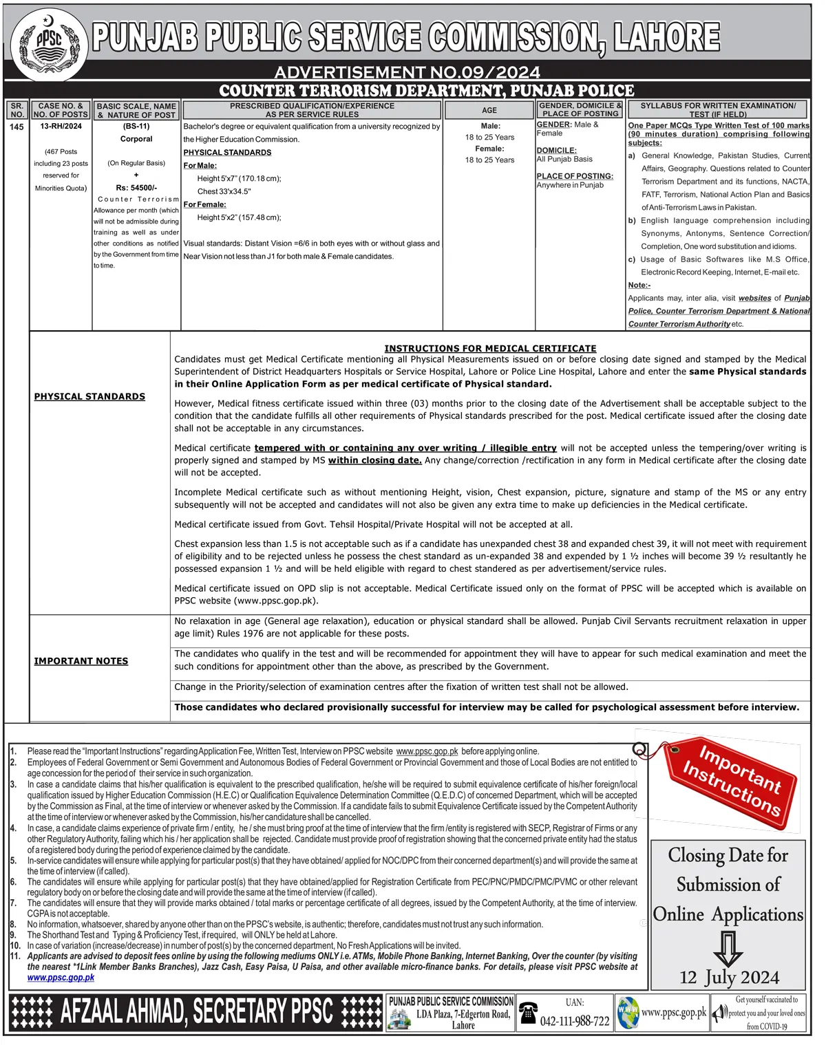 PPSC Jobs 2024 Advertisement No. 09 Online Form