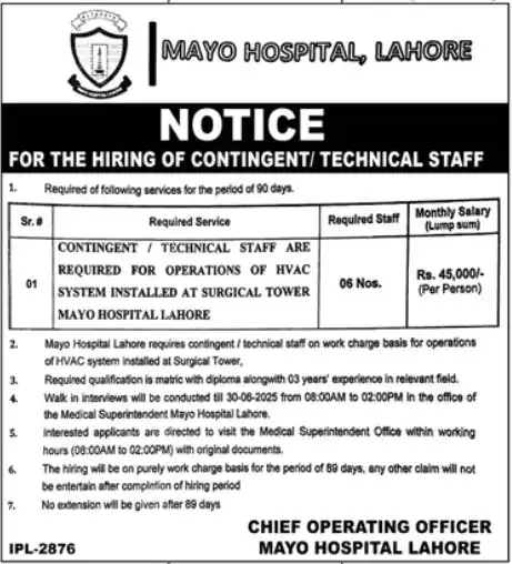 lahore Mayo Hospital Lahore Jobs 2025