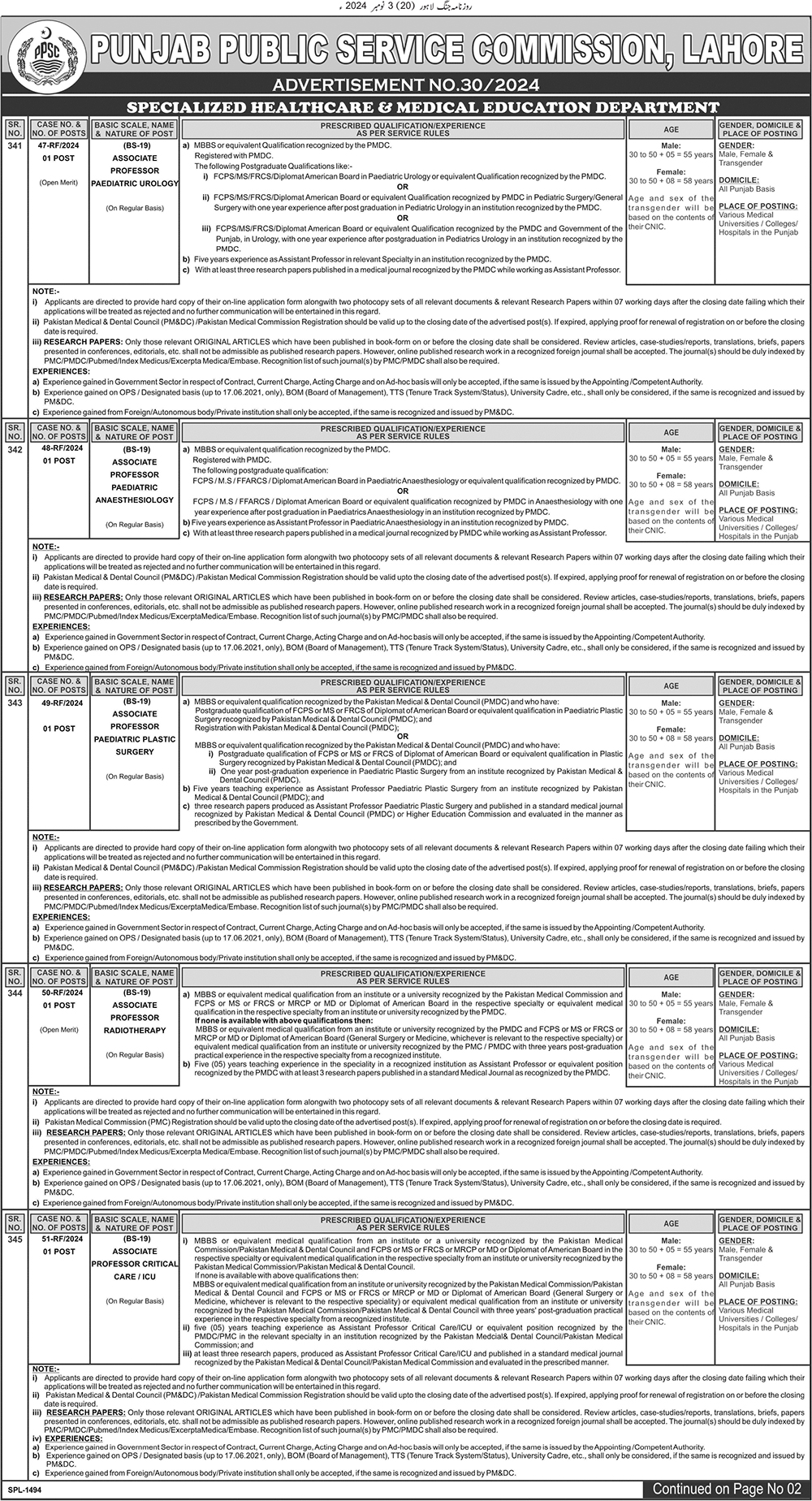 PPSC Jobs Advertisement No. 30 Online Form of Apply