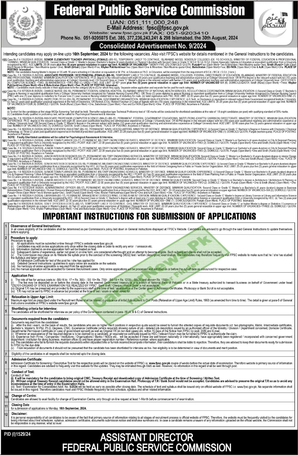 FPSC Jobs 2024 Advertisement No. 09 Latest Update and Information