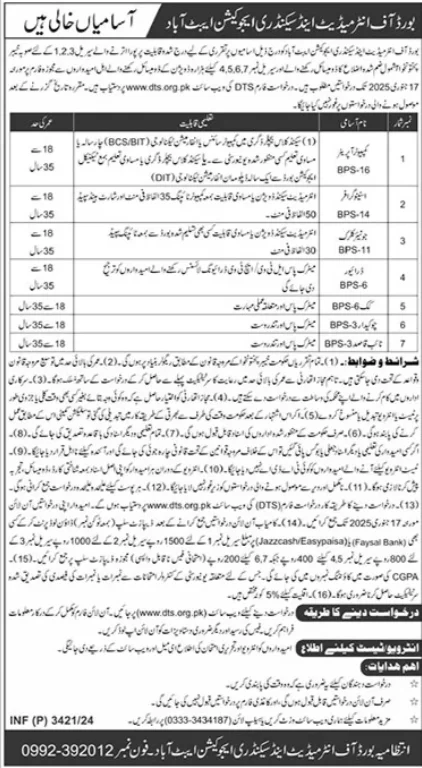 BISE Abbottabad Jobs 2025