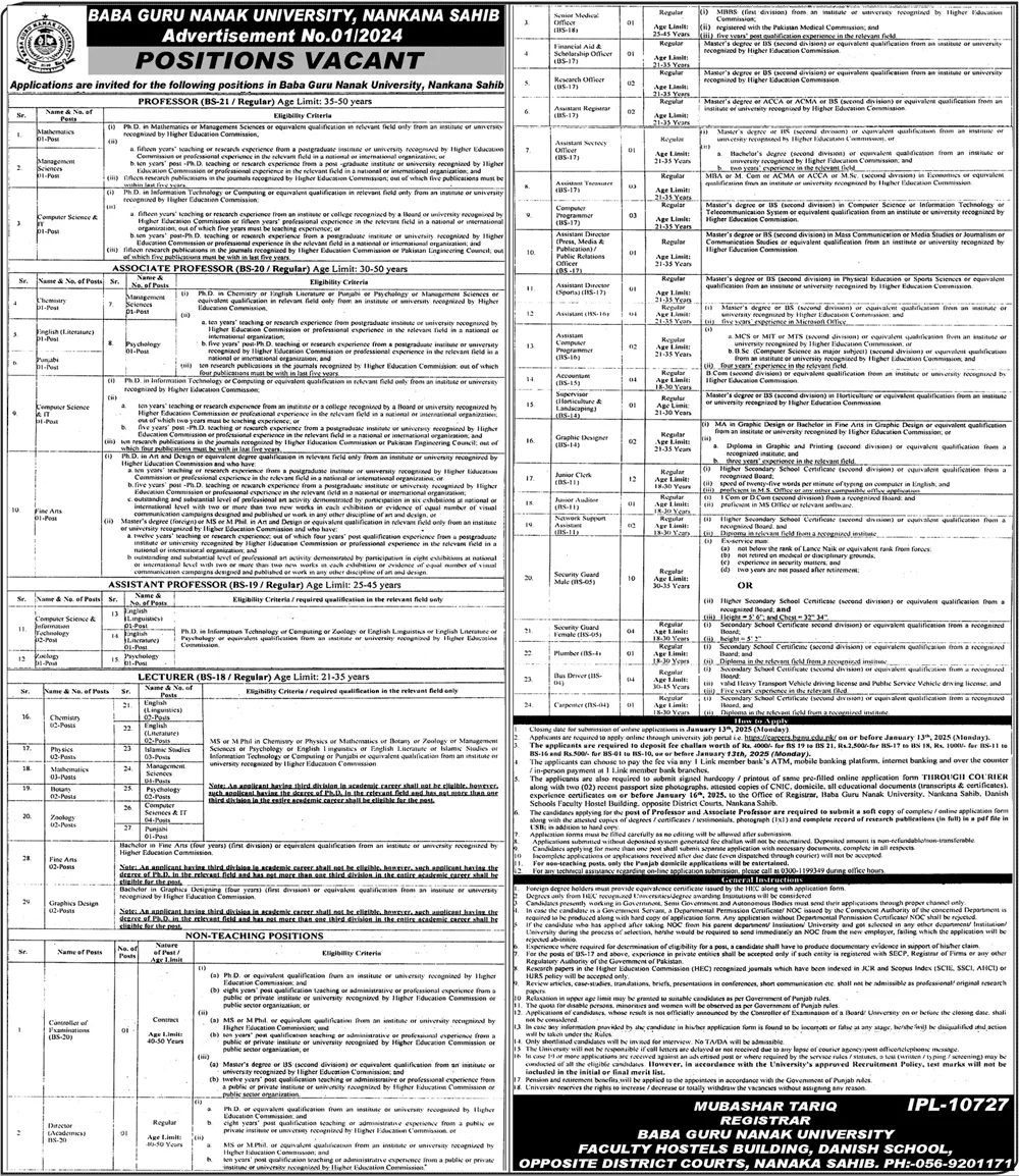 Baba Guru Nanak University Jobs 2025 Advertisement