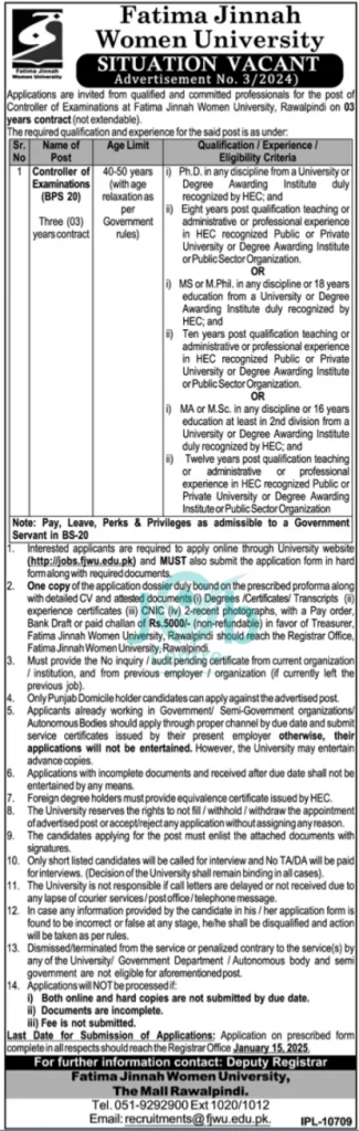 Fatima Jinnah Women University FJWU Jobs 2025 Advertisement