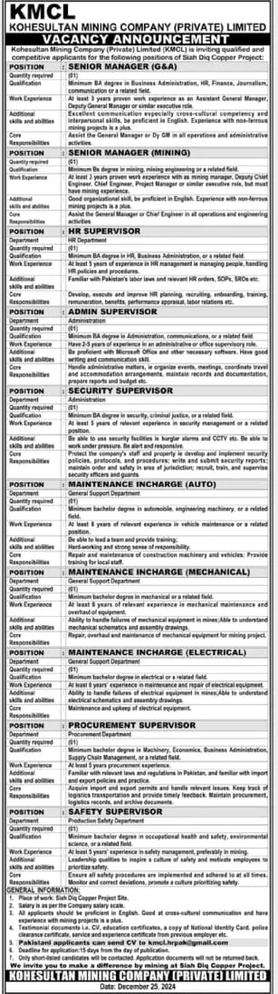 Kohesultan Mining Company Limited KMCL Jobs 2025 Advertisement