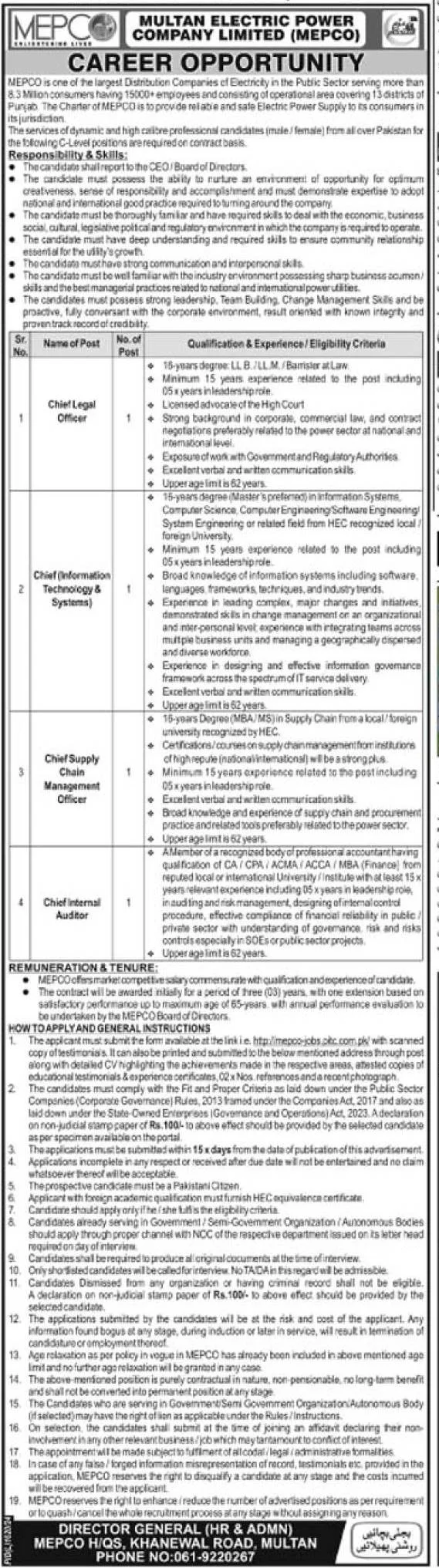 Multan Electric Power Company MEPCO Jobs 2024 Advertisement