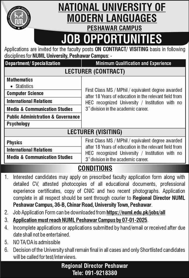 NUML University Peshawar Campus Jobs 2025 Advertisemet