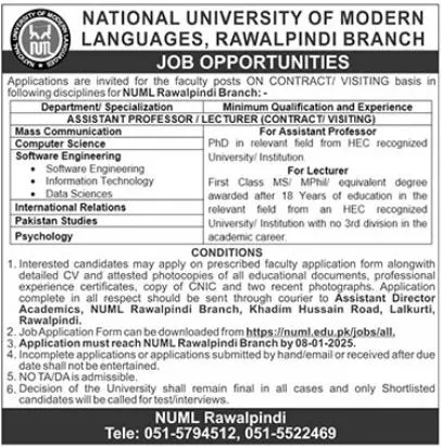 NUML University Rawalpindi Branch Jobs 2025 Advertisement