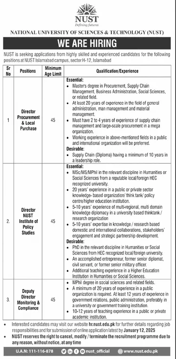 NUST Jobs 2025 Advertisement