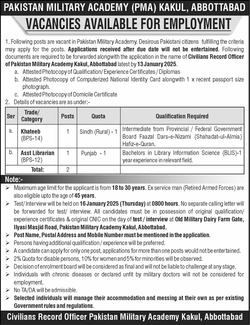 PMA Kakul Abbottabad Jobs 2025 Advertisement # 1