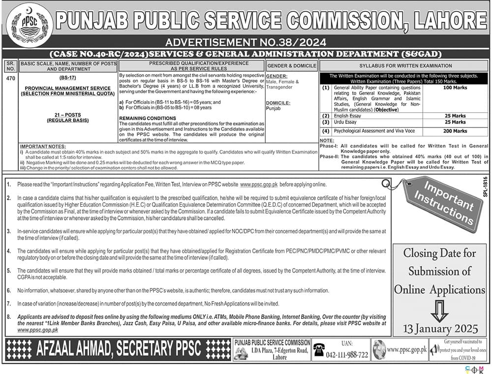 PPSC Jobs Advertisement No 382024