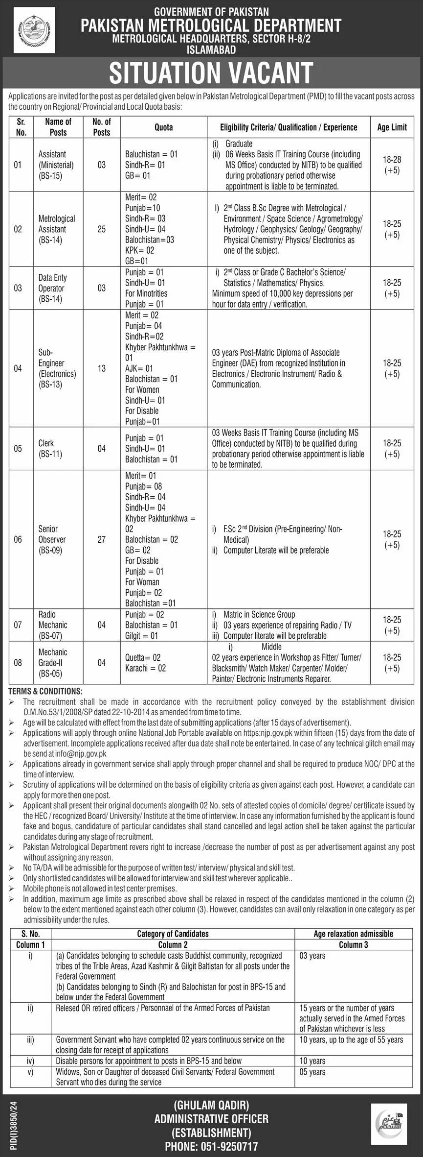 Pakistan Metrological Department PMD Jobs 2024 Advertisement